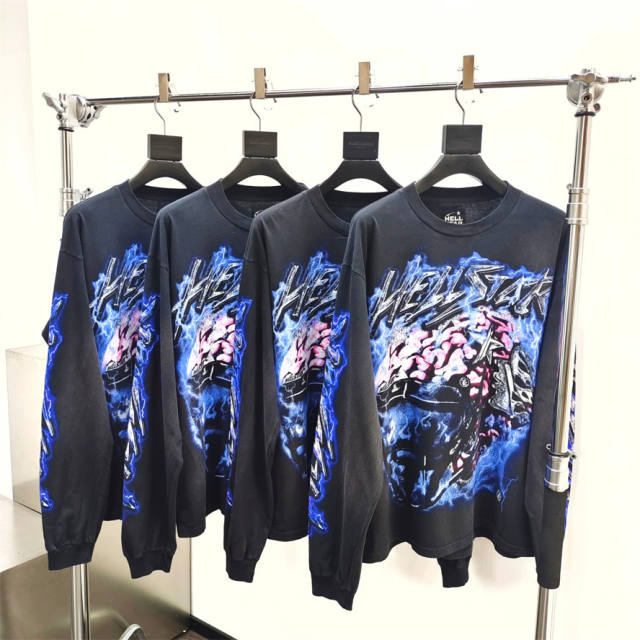 1:1 quality version Hellstar Helmet Energy Letter Print Long Sleeve T-Shirt with NFC Tag