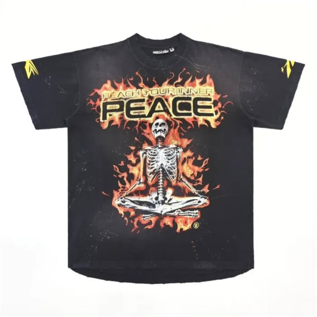 1:1 quality version Hellstar Skull Flame Print Washed version tee