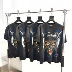 1:1 quality version Hellstar Wolf Head Full Moon Letter Print Washed Version tee with NFC Tag
