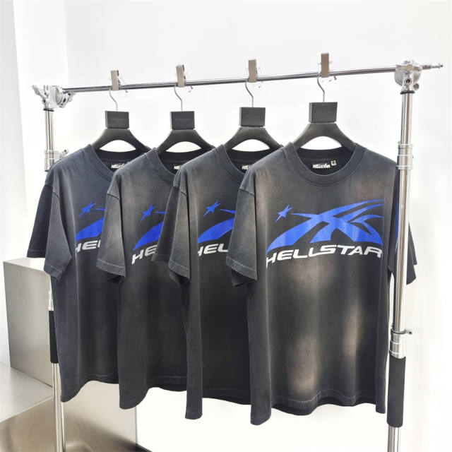 1:1 quality version Hellstar Blue Gray Logo Washed Version Tee with NFC tag