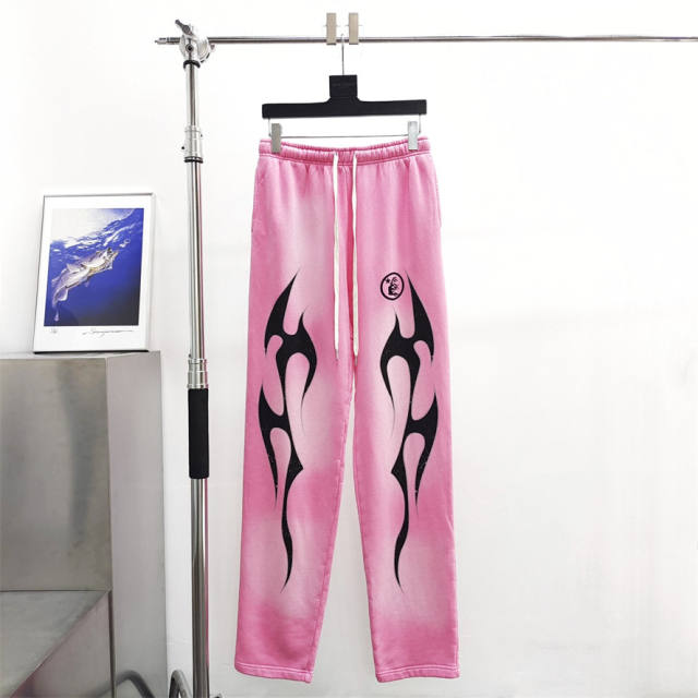 1:1 quality version Hellstar HS Black Flame Pink Washed Version Straight Leg Pants with NFC Tag
