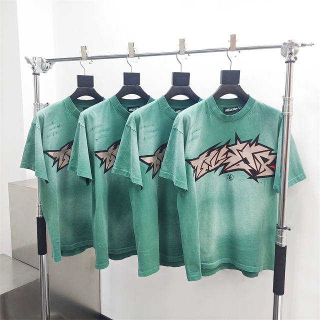 1:1 quality version Hellstar Torn Letter Slashed Washed Version Tee 2 colors with NFC Tag