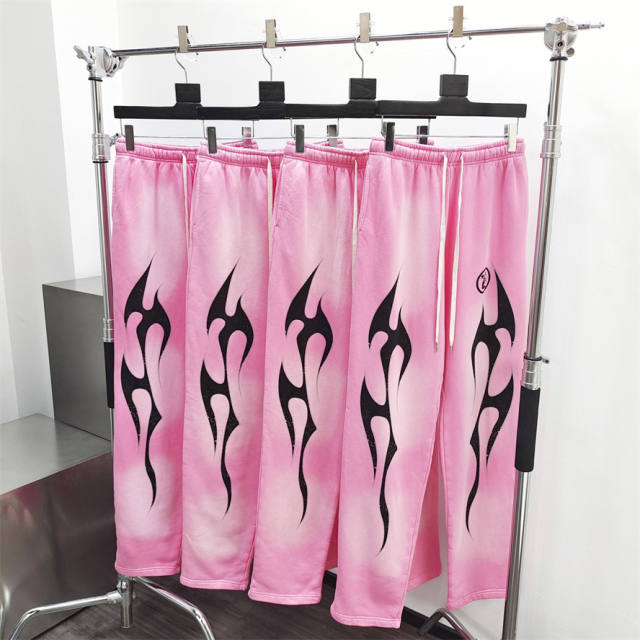 1:1 quality version Hellstar HS Black Flame Pink Washed Version Straight Leg Pants with NFC Tag