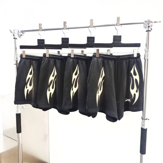 1:1 quality version Hellstar White Fire Print Shorts with NFC Tag