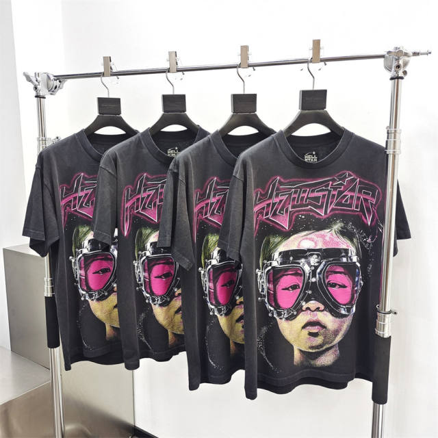 1:1 quality version Hellstar Pilot Letter Print Washed Version Tee with NFC tag