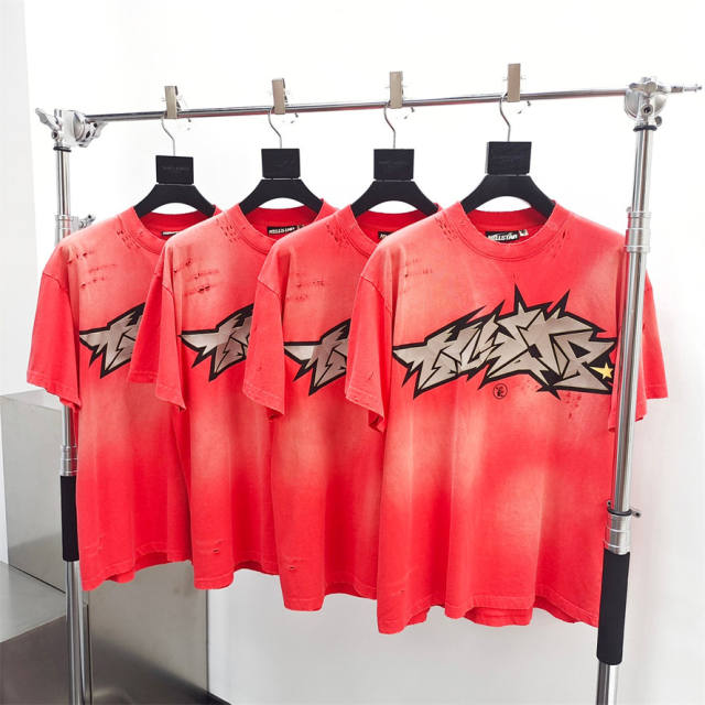 1:1 quality version Hellstar Torn Letter Slashed Washed Version Tee 2 colors with NFC Tag