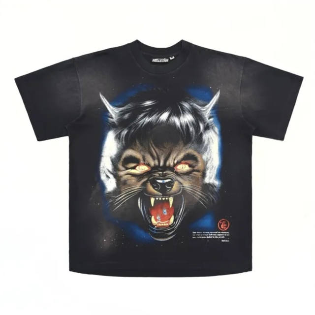 1:1 quality version Hellstar Wolf Head Full Moon Letter Print Washed Version tee with NFC Tag