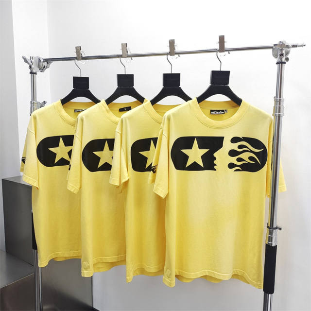 1:1 quality version Hellstar Washed Version Yellow Marathon Logo Print Tee with NFC tag
