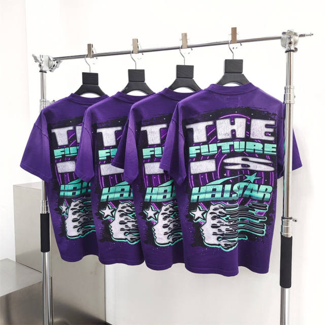 1:1 quality version Hellstar Wolf Head Full Moon Letter Print Washed Version tee with NFC Tag