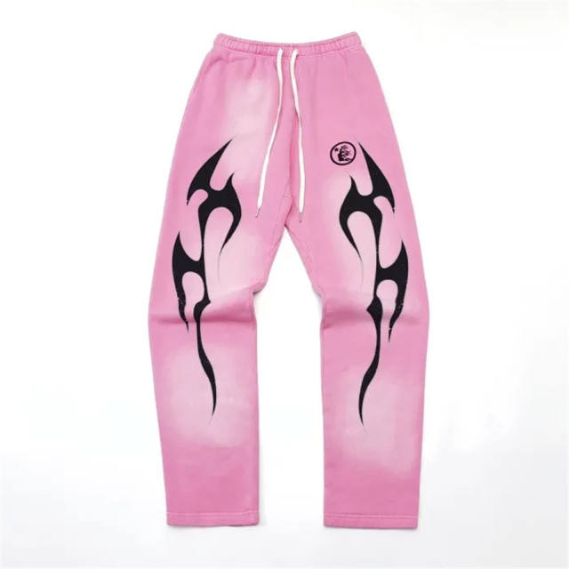 1:1 quality version Hellstar HS Black Flame Pink Washed Version Straight Leg Pants with NFC Tag