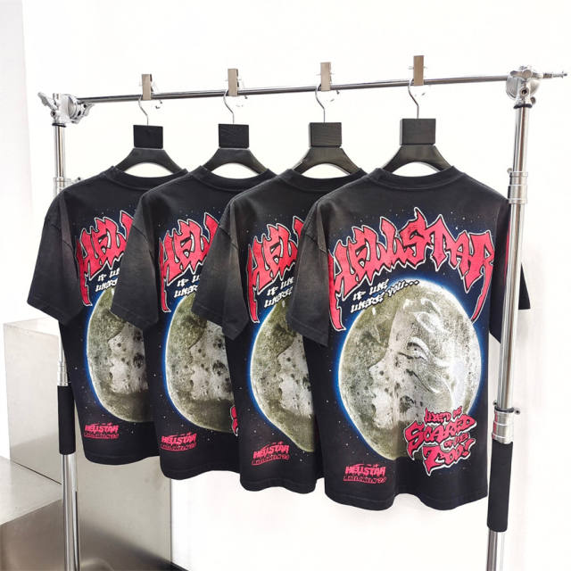 1:1 quality version Hellstar Wolf Head Full Moon Letter Print Washed Version tee with NFC Tag
