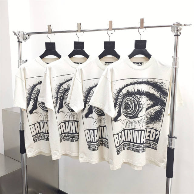 1:1 quality version Hellstar Brainwashed Big Eyes Letter Print Washed Version tee with NFC tag 2 colors (Physical Chip)