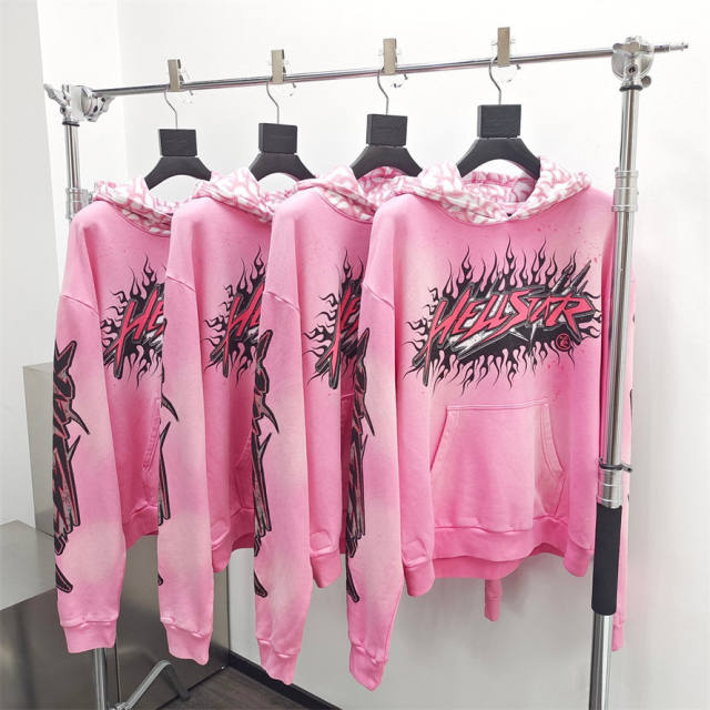 1:1 quality version Hellstar Brain Print Hooded Washed Pink Hoodie with NFC tag