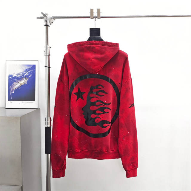 1:1 quality version Hellstar Skull Print Tie-Dye Splash Ink Ripped Hoodie with NFC tag