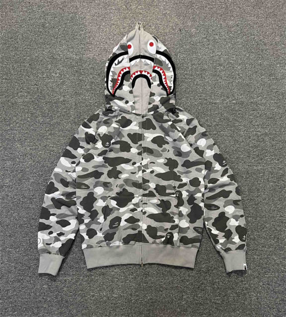 [Best Quality] 1:1 BAPE Gray Camo Shark Double Hood Full Zip-up Hoodie