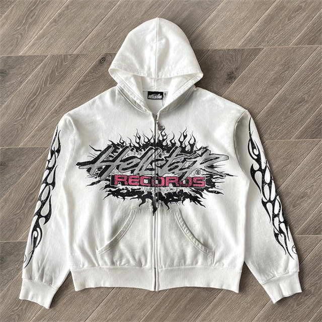 Hellstar Studios Flame Glitter Zip-Up Hoodie White
