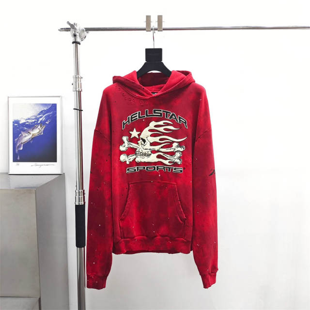 1:1 quality version Hellstar Skull Print Tie-Dye Splash Ink Ripped Hoodie with NFC tag