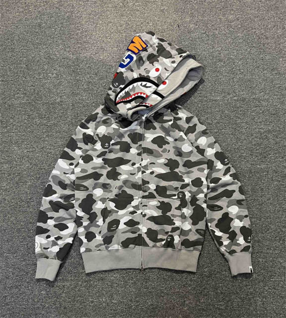 [Best Quality] 1:1 BAPE Gray Camo Shark Double Hood Full Zip-up Hoodie