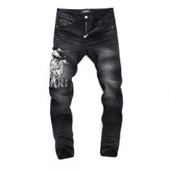 #8492 Embroidery Jeans Pants Black