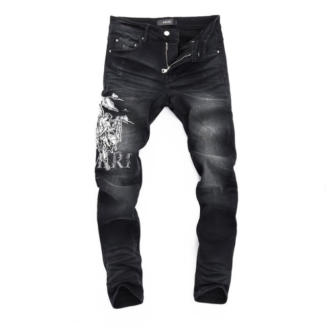 #8492 Embroidery Jeans Pants Black