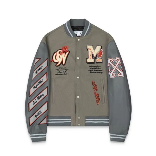 OW Milan co-branded colorful embroidered letters patchwork leather sleeve baseball jacket