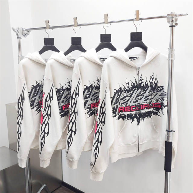 1:1 Quality Hellstar Glitter Alphabet Abraded Distressed White Zip Hoodie with NFC Tag