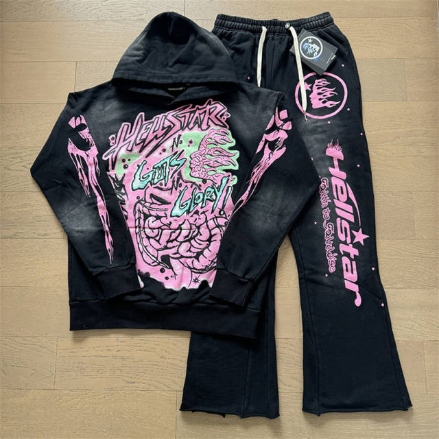 Hellstar Gut Print Pollen Alphabet Washed Black Hoodie & Pants Set