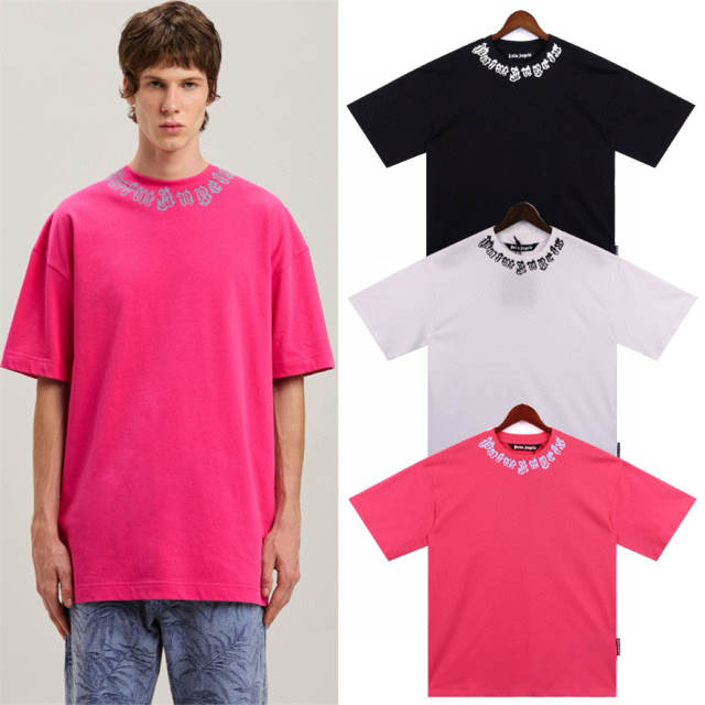 Palm Angels 24SS Neck  Logo T-Shirt White Black Pink