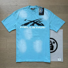 Hellstar Black and White Logo Washed Blue Tee