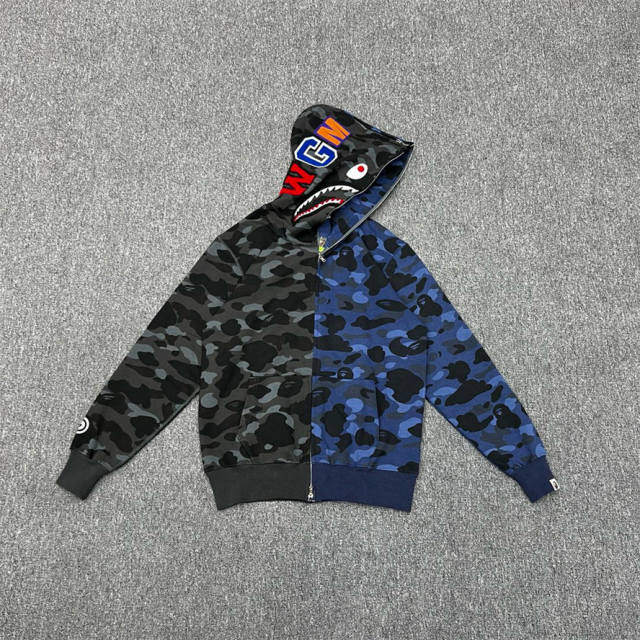[Best Quality] 1:1 BAPE Shark Full Zip-up Half Camo Hoodie Blue Black