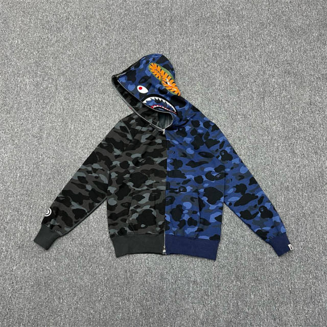 [Best Quality] 1:1 BAPE Shark Full Zip-up Half Camo Hoodie Blue Black