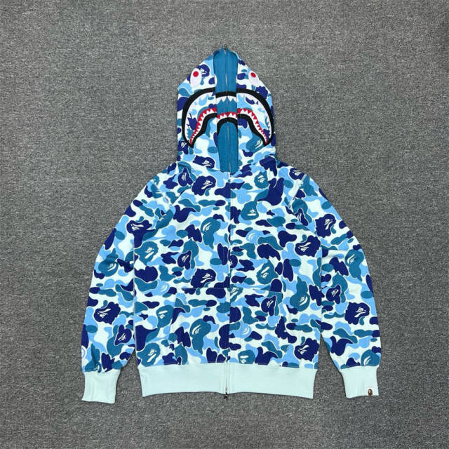 [Best Quality] 1:1 BAPE Gray Camo Shark Double Hood Full Zip-up Hoodie