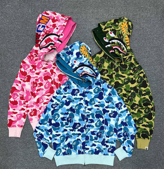 [Best Quality] 1:1 BAPE Gray Camo Shark Double Hood Full Zip-up Hoodie