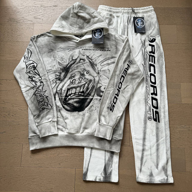 Hellstar Flame Print Washed Black Hoodie & Pants Set
