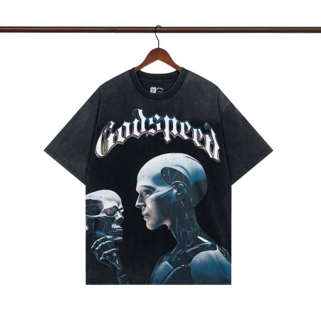 Godspeed T Shirts Skull Rose Clock Plate Double Yarn Cotton Casual Short Sleeve Men and Women