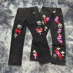 [Best Quality]1:1 CH Color Multi Cross Patch Light Blue Denim Pants
