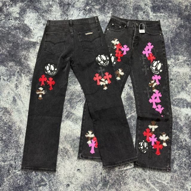 [Best Quality]1:1 CH Color Multi Cross Patch Light Blue Denim Pants