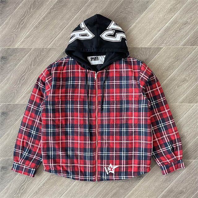 Sp5der Hooded Zip Flannel Shirt Jacket