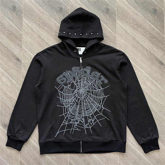 1:1 Top Quality Sp5der 555555 Zipped Hoodie Black