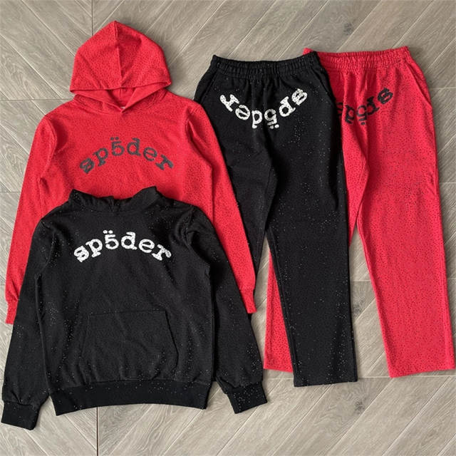 1:1 Top Quality Sp5der 555555 Rheinstone Hoodie Pants Black Red
