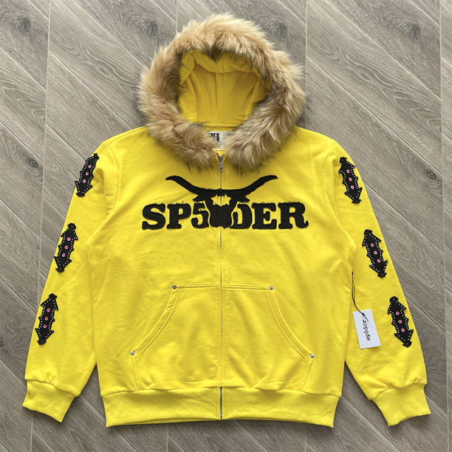 1:1 Top Quality Sp5der Fur Zipped Hoodie Yellow