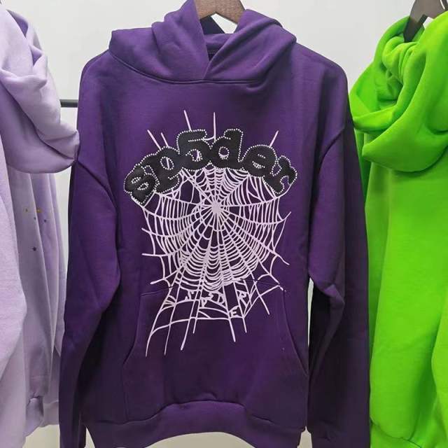 High Quality Spider Web Rheinstone Hoodie Pants Tracksuit Purple