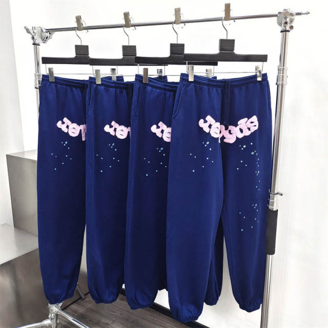1:1 Top Quality Spider Worldwide Pink Foaming Print Sweatpants Spider Sweatpants Navy Blue