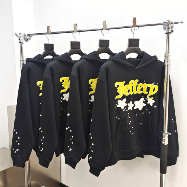 1:1 Quality Spider Yellow Star Foaming Print Hoodie Pants Black