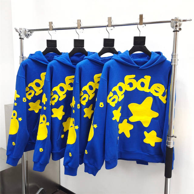1:1 Quality Spider Yellow Foaming Print Hoodie & Pants Set Blue