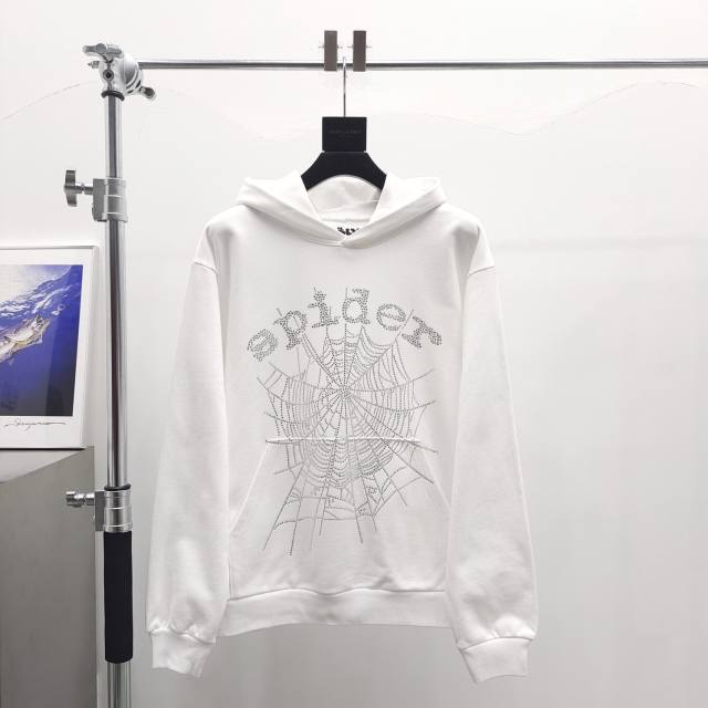 1:1 Top Quality White Rhinestone Spider Web Hoodie