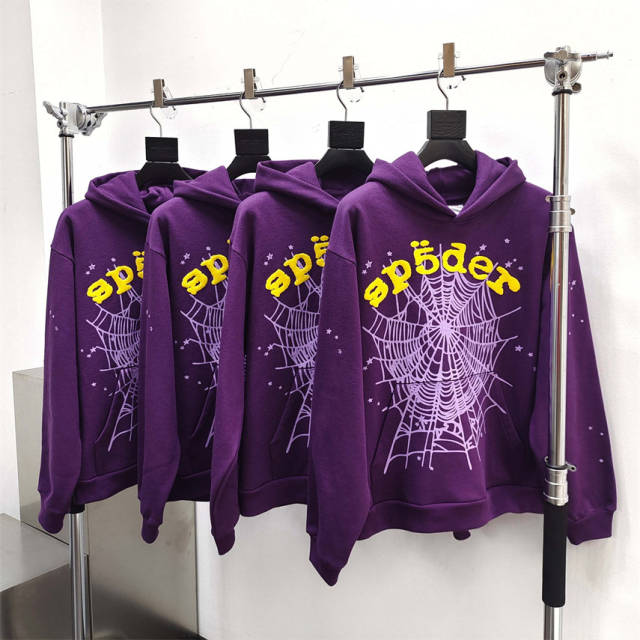 1:1 Quality Spider Web Foaming Print Fonts Hoodie & Pants Set Purple