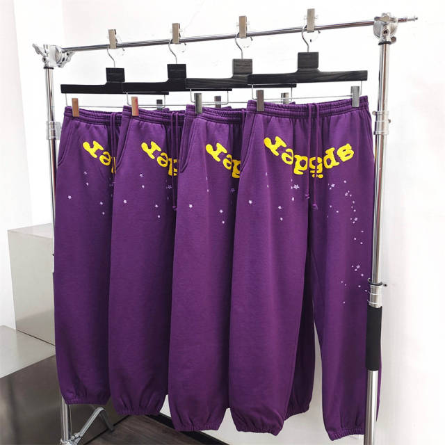 1:1 Quality Spider Web Foaming Print Fonts Hoodie & Pants Set Purple