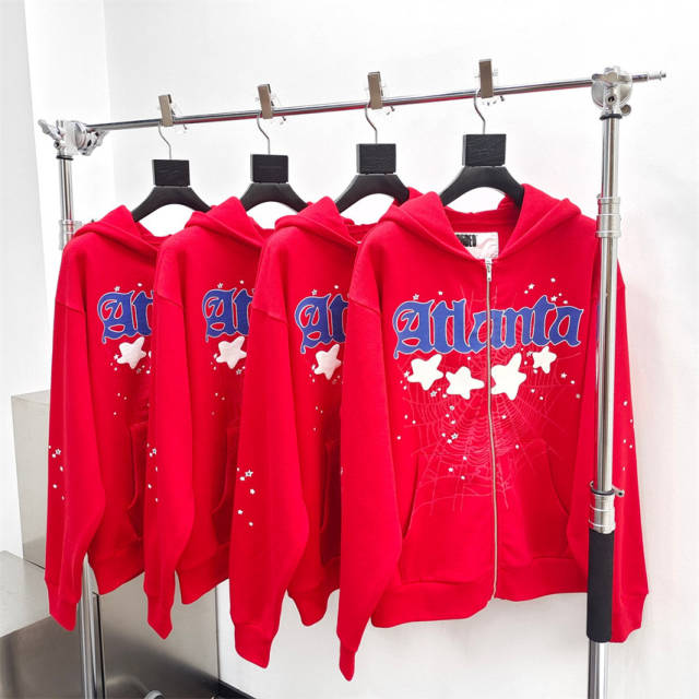 1:1 Quality Spider Atlanta Star Foaming Print Hoodie Pants Red