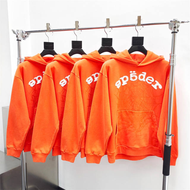 1:1 Quality Spider Foaming Print Fonts Hoodie & Pants Set Orange